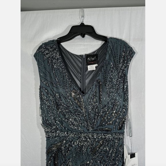 NWT $598 Mac Duggal [ 12 ] Intricate Beaded V-Neck High Slit Gown Charcoal #Q565 - Picture 6 of 16